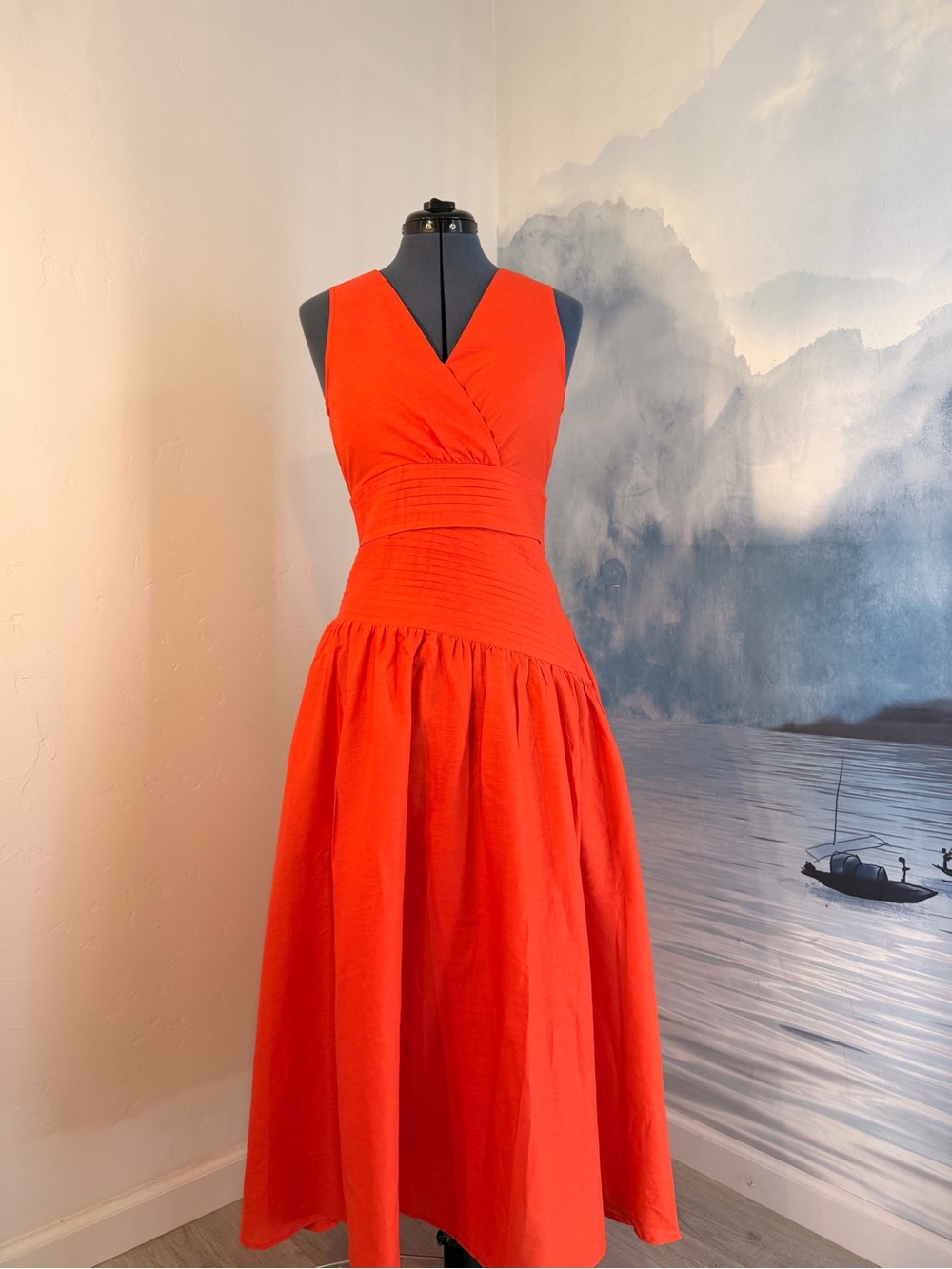Linen Vibes Sleeveless V-Neck Red Orange Midi Dress #250